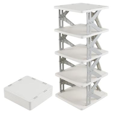 Imagem de Yesdate Prateleira de sapato de 5 níveis sem montagem, organizador de sapatos pequeno estreito para economizar espaço, sapateira dobrável para entrada, entrada da porta da frente, armário, quarto