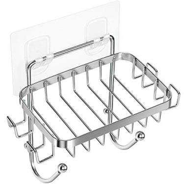 Imagem de ODesign Suporte de saboneteira SUS304 aço inoxidável com 6 ganchos bucha esponja de banho suporte de lâmina para banheiro chuveiro cozinha adesivo montado na parede sem perfuração - prata - 1 pacote