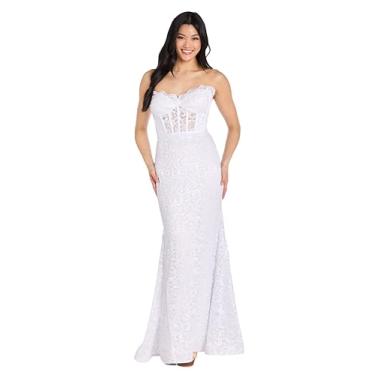 Imagem de Vestido corpete de renda sem alças com glitter juvenil com bainha trompete - vestido de festa formal longo, Branco, 15