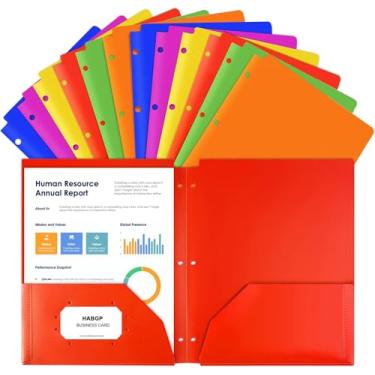 Imagem de Habgp Pastas de plástico com bolsos, pacote com 12 6 pastas de bolso de cores sortidas para pasta de fichário perfurada de 3 furos, arquivo de tamanho carta resistente, 2 bolsos para documentos,