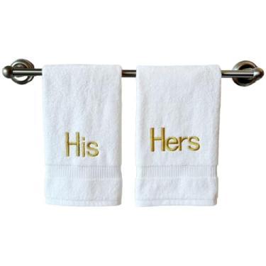 Imagem de Toalhas de mão brancas com monograma para banheiro - Toalha bordada inicial personalizada de qualidade de hotel de luxo para lavabo, spa - Certificado orgânico GOTS - Conjunto de 2 ouro para ele e ela