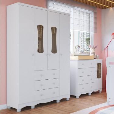 Imagem de Quarto Infantil Com Guarda-roupa 4 Portas E Cômoda Com Janelas 100% Mdf Lana Espresso Móveis Branco Brilho