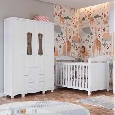 Imagem de Quarto De Bebê Guarda-roupa 4 Portas Com Janelas E Berço Minicama 100% Mdf Aurora Espresso Móveis Branco Brilho