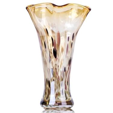 Imagem de Vasos de vidro soprado à mão âmbar de 25 cm de altura para decoração de casa, vaso de flores moderno com babados de boca larga, centro de mesa, arte de vidro do mar costeiro colorido para estante de