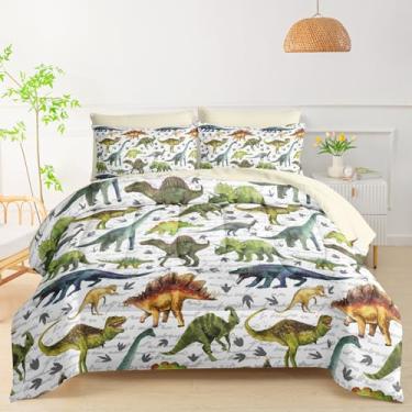 Imagem de QOOMO Edredão para decoração de quarto de dinossauros jurássicos, tiranossauro Rex, 7 peças, tamanho casal com 1 edredom, 2 fronhas, 2 fronhas bege, 1 lençol com elástico, 1 lençol de cima