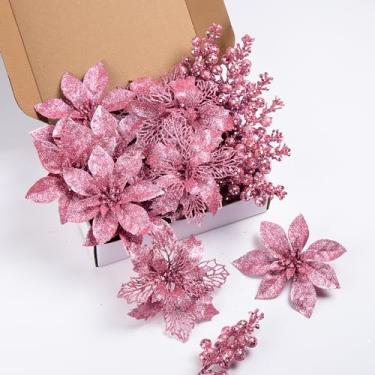 Imagem de 24 peças de enfeites de árvore de Natal com glitter rosa e hastes de frutas vermelhas, 16 peças de flores artificiais de Natal e 8 unidades de palhetas de árvore de Natal para decorações de casamento