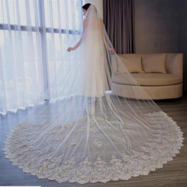 Imagem de Véu De Noiva Branco 3,5 Metros De Comprimento Com Pente De Renda E Enfeite Catedral Véu De Noiva Acessórios De Casamento, White, 3.5 * 3m