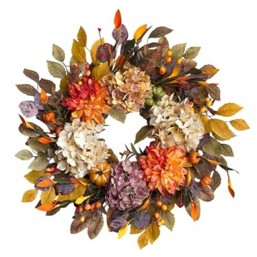 Imagem de Guirlanda de outono de 61 cm para porta da frente, guirlanda de outono com hortênsia bege, flores artificiais de dália laranja, abóboras, guirlandas de outono para colheita de Ação de Graças