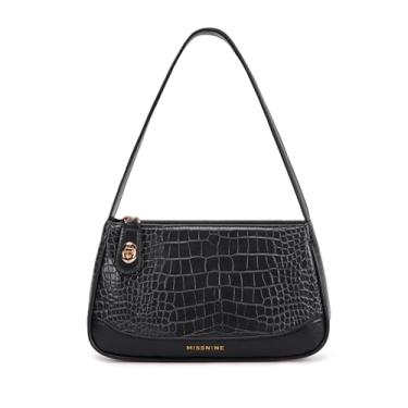Imagem de Missnine Bolsa de ombro feminina pequena bolsa moderna Hobo bolsa de couro vegano mini bolsa com fecho de zíper, Preta 【estampa de crocodilo】, Small, Tendência