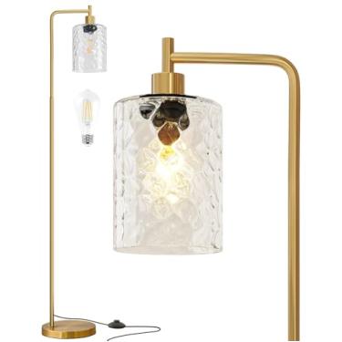 Imagem de Oneach Luminária De Chão Dourada De 66" Para Sala De Estar, Luminária De Chão Industrial Com Lâmpada Led, Cúpula De Vidro, Pedal, Luminária De Pé Morden Tall Farmhouse Para Quarto, Escritório, Sala