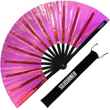 Imagem de SoJourner Bags Ventilador holográfico rosa choque rave - grande ventilador dobrável para homens e mulheres - acessórios de rave para EDM, dança de linha, cosplay, shows e mais
