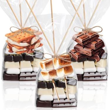 Imagem de LemonRoad O kit de bolsas divertidas S'more inclui sacos de celofane transparentes de fundo plano reforçado S'mores, etiquetas de biscoitos de chocolate e chocolate, bastão de bambu e barbante para