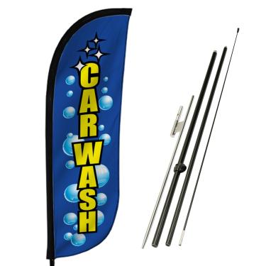 Imagem de LookOurWay Conjunto de bandeiras de penas – 1,5 m de altura com kit de mastro e ponta de chão para promoção de negócios – Bolhas de lavagem de carro