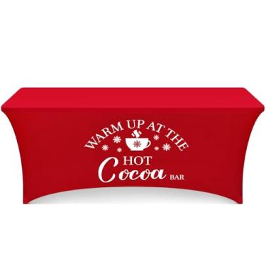 Imagem de Tegeme Toalhas de mesa ajustadas de 1,8 m, toalha de mesa de Natal de cacau quente para inverno, chocolate quente e elastano, suprimentos para festas de aniversário, artigos para mesas dobráveis