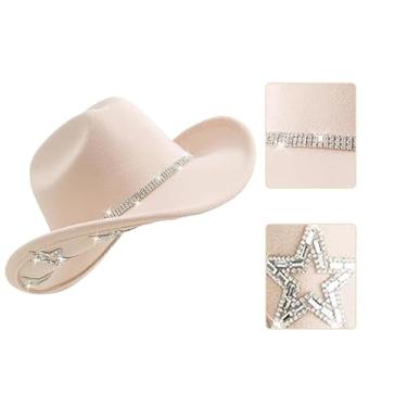Imagem de Vuqofkc Chapéu de cowboy ocidental com strass e aba larga com fivela de cinto, festa à fantasia, para adolescentes e adultos, branco