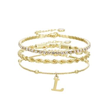 Imagem de Pulseiras de ouro para mulheres – Conjunto de joias de pilha de pulseiras de ouro delicadas com iniciais personalizadas, linda caixa de corda, corrente de corrente, pulseiras de tênis, presentes para
