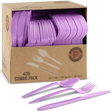 Imagem de PLASTICPRO Pacote com 400 utensílios de plástico descartáveis, conjunto de talheres coloridos variados, garfos, colheres, facas, talheres, talheres de plástico roxo para festas