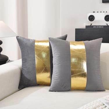Imagem de TAOSON Pacote com 2 capas de almofada decorativas de veludo cinza escuro patchwork com couro listrado dourado 45,7 x 45,7 cm capas de almofada decoração sala de estar sofá quarto carro apenas capa sem