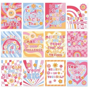 Imagem de Nezyo 12 peças de pôsteres retrô descolados para sala de aula, boho, flores hippie, quadro de avisos, decoração educacional, pôsteres mentais para berçário quarto escolar (rosa Groovy)
