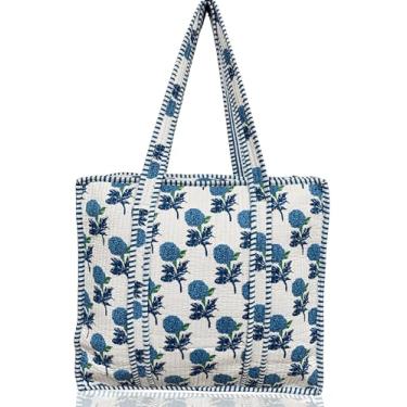 Imagem de Third Eye Export Bolsa feminina acolchoada de algodão estampada à mão – Bolsa feminina grande 45,7 x 40,6 cm, trabalho, laptop, viagem praia essencial (estampa floral de gaivota do Atlântico branca de