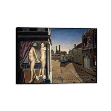 Imagem de Paul Delvaux Arte de parede Street of the Trams Impressão em tela Surrealismo Arte famosa reprodução de pintura pôster quarto sala de estar decoração casa 100x70 cm (99.1x71.1 cm) moldura preta