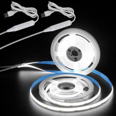 Imagem de Aclorol Fita de LED COB 5V branca 6000 K 6,56 pés/2 m 640 LEDs luzes de fita flexível de LED regulável com autoadesivo para quarto, cozinha, armário, armário, espelho, escada, projeto de iluminação