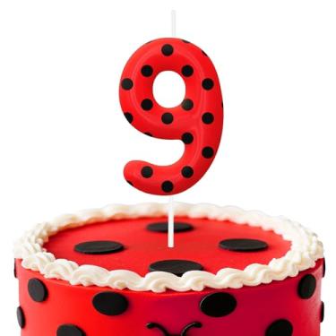 Imagem de Velas de aniversário de joaninha número 9, topo de bolo de bolinhas vermelhas e pretas para meninos e meninas, decorações de aniversário, suprimentos de festa, velas numéricas para decoração de festa