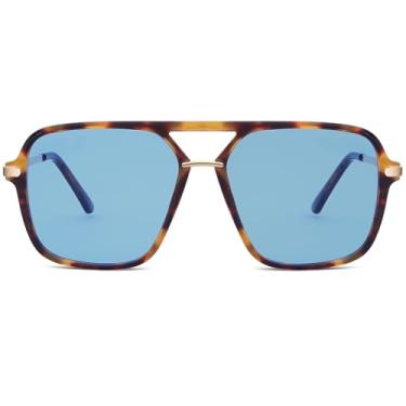 Imagem de Óculos de sol aviador retrô quadrados com lentes matizadas sem emaranhamento, sem peça de nariz para mulheres e homens modernos, Armação de leopardo/lente azul, one size fits most