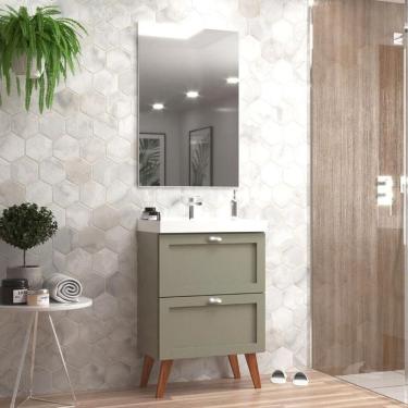 Imagem de Gabinete Para Banheiro Com Cuba E Espelho 60cm Retro Mdf Verde Milano - On Móveis