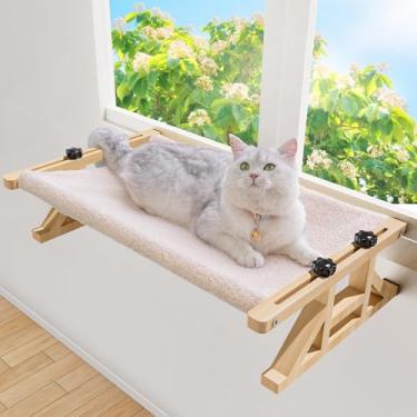 Imagem de Tresbro Poleiro de janela para gatos 2 em 1 e rede elevada para gatos, 39 cm L x 26 cm A x 66 cm C Cama para animais de estimação com moldura de madeira para gatos grandes em ambientes internos, fácil