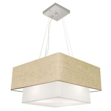 Imagem de Lustre Pendente Duplo Quadrado Vivare Md-4083 Cúpula Em Tecido 70x50cm - Bivolt Rustico-bege-branco 127/220v
