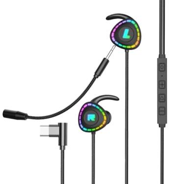 Imagem de Poihiom Fones de ouvido intra-auriculares USB-C para jogos, tipo C, fone de ouvido com fio, E-Sport, cancelamento de ruído, fone de ouvido estéreo graves com microfone ajustável e luz RGB para iPhone