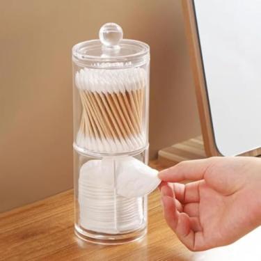 Imagem de Porta Algodão e Cotonete, Organizador de Cosméticos Acrílico com Tampa, Transparente, 19x6,8 cm, Duplo Compartimento, para Banheiro e Maquiagem
