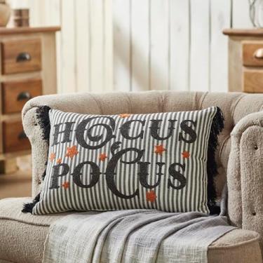 Imagem de VHC Brands Almofada com franjas Hocus Pocus, almofada de outono e Halloween, decoração primitiva country, preto, branco, laranja abóbora, 35 x 50