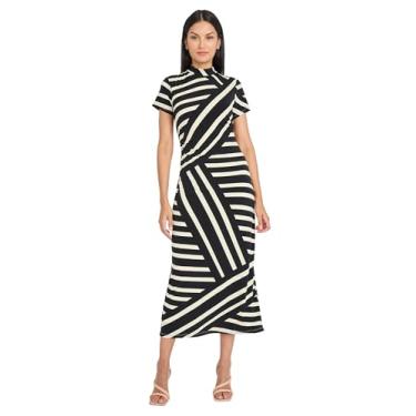Imagem de Donna Morgan Vestidos de trabalho femininos listrados com gola redonda, manga curta, bainha midi, Preto/creme, 50