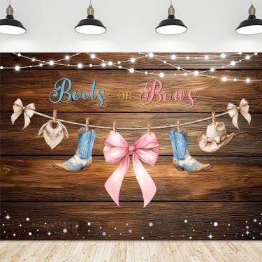 Imagem de Riyidecor Botas ou arcos pano de fundo revelador de gênero tecido de poliéster menino ou menina chá de bebê 17 x 14 metros chapéu de cowboy rústico de madeira ocidental cowgirl fundo de fotografia