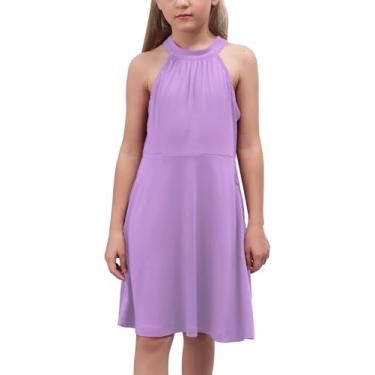 Imagem de GORLYA Vestido de verão casual de verão com ombros vazados e decote cavado com bolsos para meninas de 4 a 12 anos, Malva, 14 Years