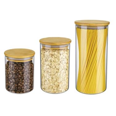 Imagem de Euro Home - Conjunto com 3 Potes de Vidro Slim com tampa Bambu - VDR6804-3