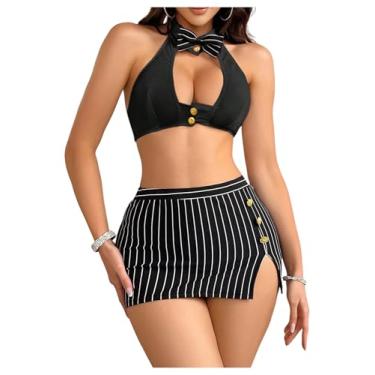 Imagem de RoseSeek Conjunto de lingerie feminina, 4 peças, listrado, sutiã e calcinha, fantasias exóticas, roupas de cosplay, Preto, M