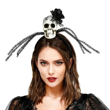 Imagem de JIAHG Tiara de aranha de caveira de Halloween com flor realista de aranha preta para baile de máscaras de cabelo engraçado, cosplay, acessórios de fantasia de bruxa, para mulheres, carnaval, férias
