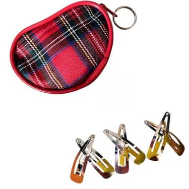 Imagem de Kit Presilha Tic Tac de Cabelo Tamanho Grande Metal Dourado 3 pares + 1 Porta Niquel Moeda Xadrez Coração Vermelho Luxo