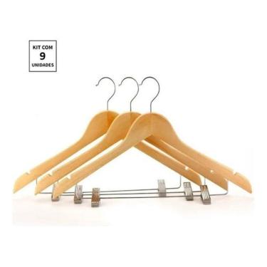 Imagem de Kit 9X Cabides De Madeira Com Presilha Verniz Marfim Roupa