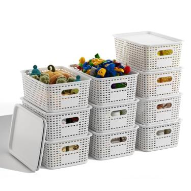 Imagem de BOBIBOSS Cestas de armazenamento de plástico branco com tampas, pacote com 10, recipientes empilháveis para organização de prateleiras, lindas caixas de armazenamento decorativas para sala de aula