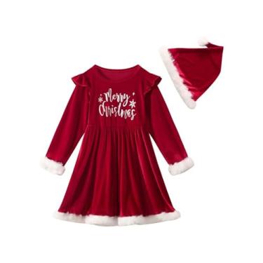 Imagem de Jolyshlid Vestidos de manga comprida com estampa de letras vermelhas e gola redonda com chapéu de Papai Noel, roupa de Natal para meninas 3-12 anos, Vermelho, 7-8 Anos