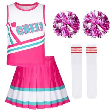 Imagem de COTRIO Roupa de líder de torcida para meninas, fantasia de líder de torcida com pompons, roupas para prática de torcida, para crianças, uniforme de líder de torcida, tamanho 10 (9 a 10 anos, rosa)