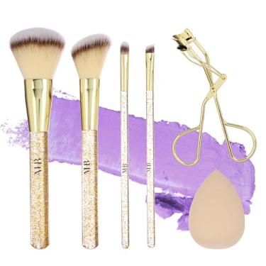 Imagem de 6 pincéis de maquiagem com modelador de cílios e esponja de maquiagem | Pincéis cosméticos premium para contorno e destaque