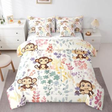 Imagem de Erosebridal Conjunto de edredom infantil de 7 peças, macaco fofo, floral, lençol de cima + fronhas
