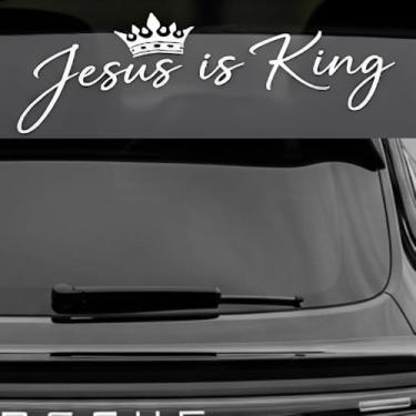 Imagem de Adesivo de carro Jesus is King, design de coroa religiosa, adesivo de janela de vinil branco