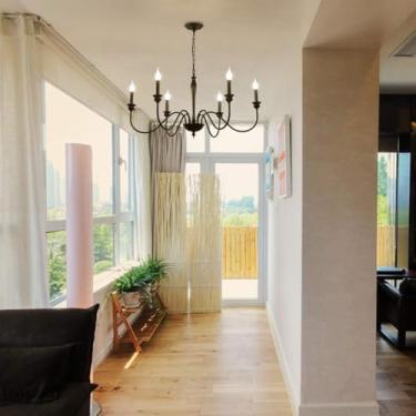 Imagem de 6 Luzes de Bronze vela ferro,Metal Do Vintage Pingente Luminária pendurado iluminação lustres para Foyer, Sala Estar, Quarto (Preto, L95xW47xH50 cm)