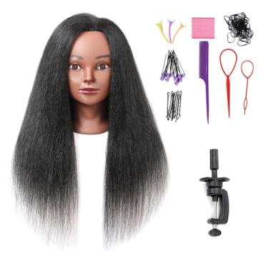 Imagem de Armmu Cabeça de manequim com 100% cabelo real, cabeleireiro de 45,72 cm, manequim, manequim, treinamento, cabeça de boneca com grampo livre e 9 ferramentas para penteados - Preto